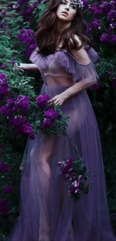 Woman in purple dress with vibrant purple flowers surrounding her.