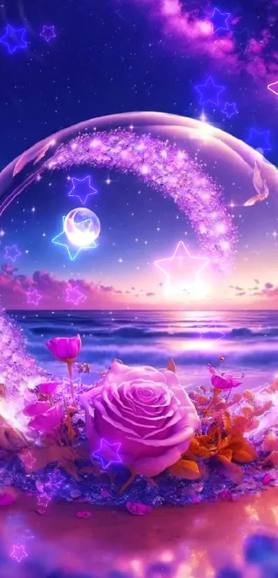 Purple fantasy landscape with roses and moonlit sky.