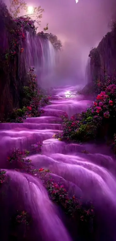 Mystical purple waterfall with flowers and serene landscape