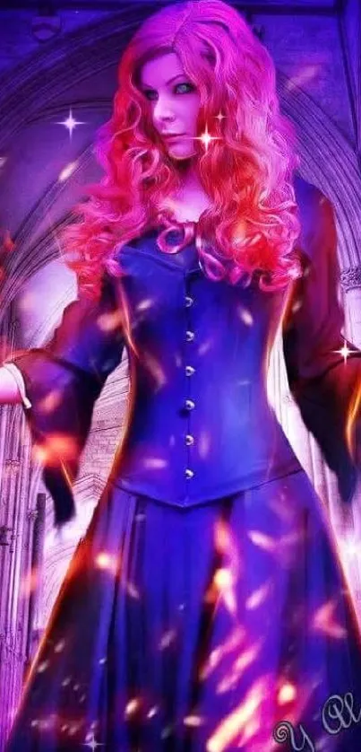 Mystical purple sorceress with flames in a gothic setting.