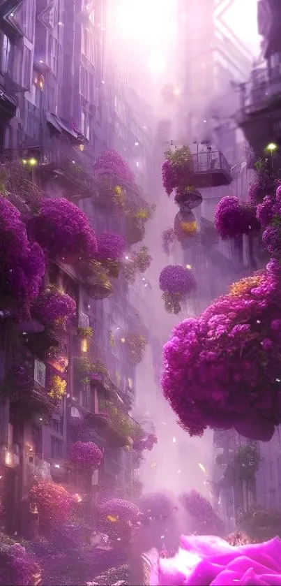 Enchanting fantasy alley with vibrant purple flowers.