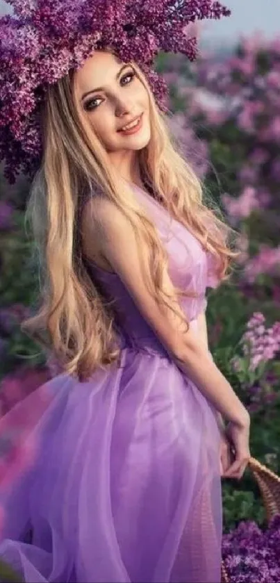 Woman in lilac dress surrounded by purple flowers in a serene natural scene.