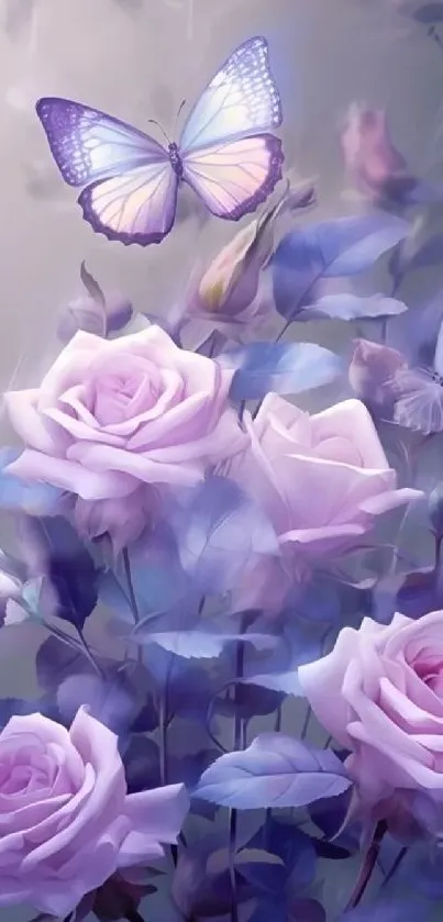 Beautiful purple roses and butterflies wallpaper for mobile phones.