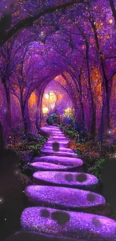 Mystical purple forest with glowing path.