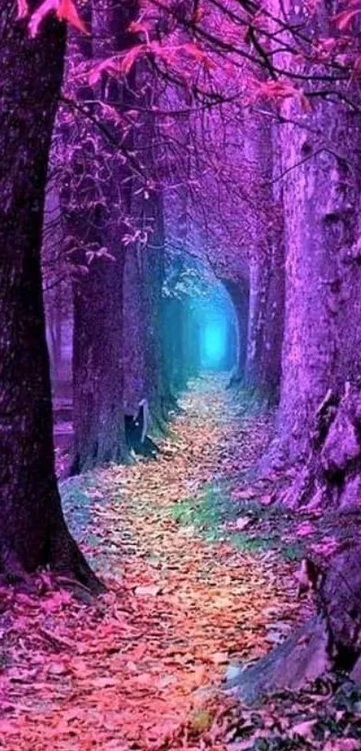 Ethereal purple forest path with vibrant colors and mystical atmosphere.