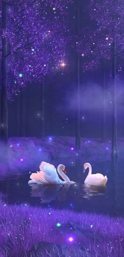 Enchanting purple forest with glowing swans at night.