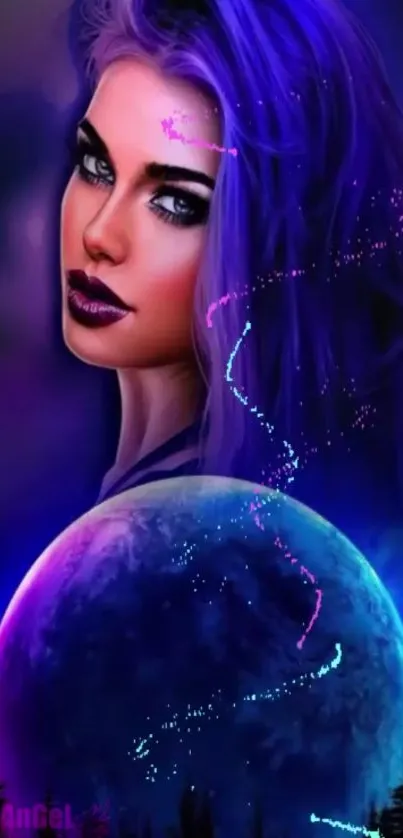 Enchanting portrait with purple cosmic backdrop on wallpaper.