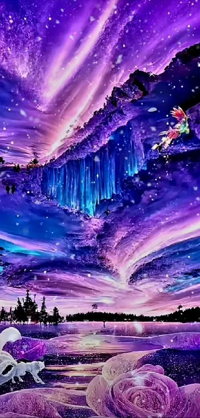 Majestic purple galaxy sky with stars and fantasy landscape.