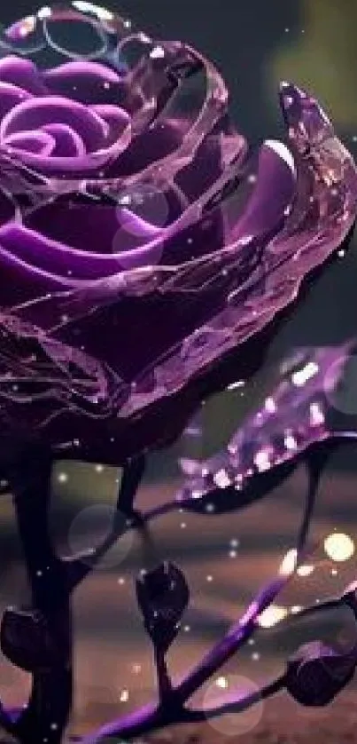 A glowing purple glass rose with a mystical, artistic design on a dark background.