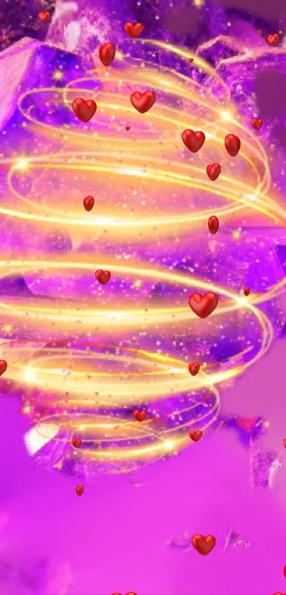 Beautiful purple wallpaper with hearts and golden spirals.