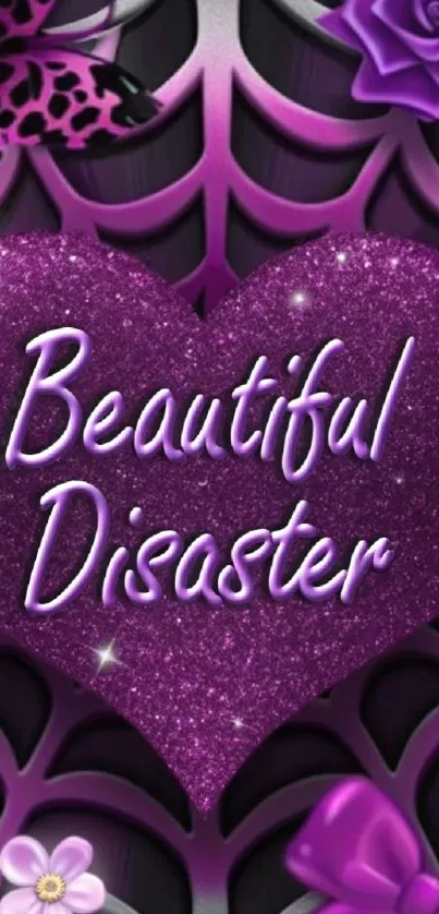 Beautiful Disaster purple heart wallpaper with floral patterns.