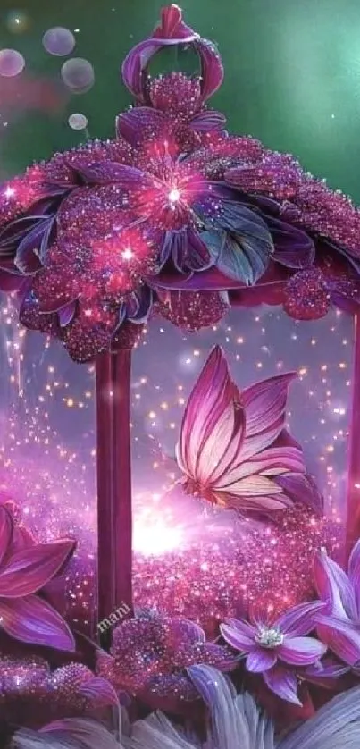 Purple lantern with butterfly and flowers in fantasy design.