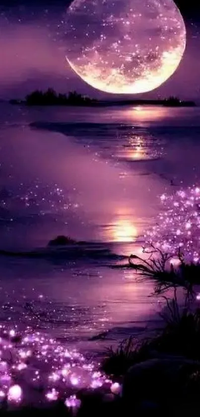 Purple night with glowing moon and flowers reflecting light.