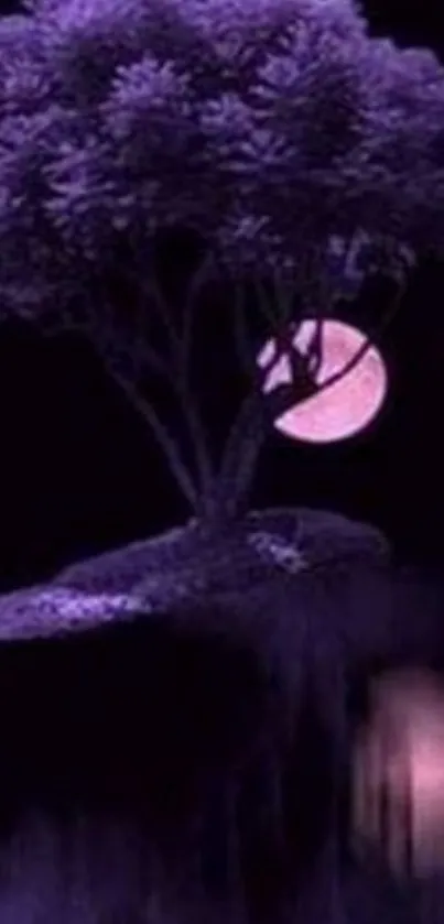 Mystical purple tree with moonlight background.