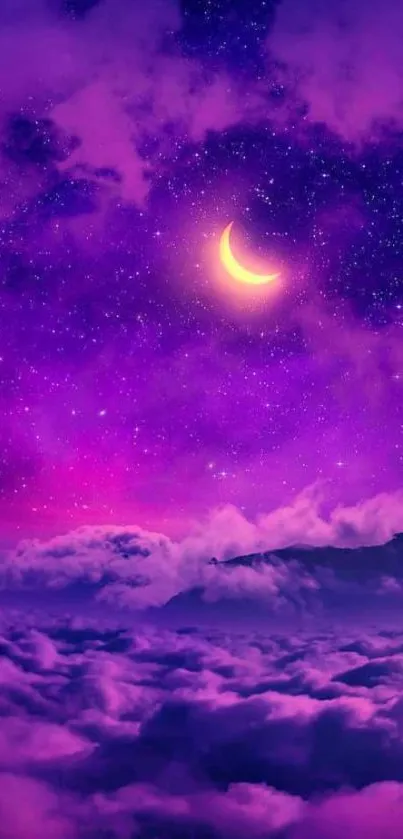 Purple night sky with a crescent moon and stars above clouds.