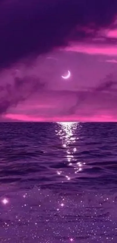 Purple night sky wallpaper with ocean and crescent moon.