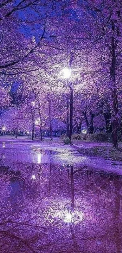 Enchanting purple nightscape with park reflection.