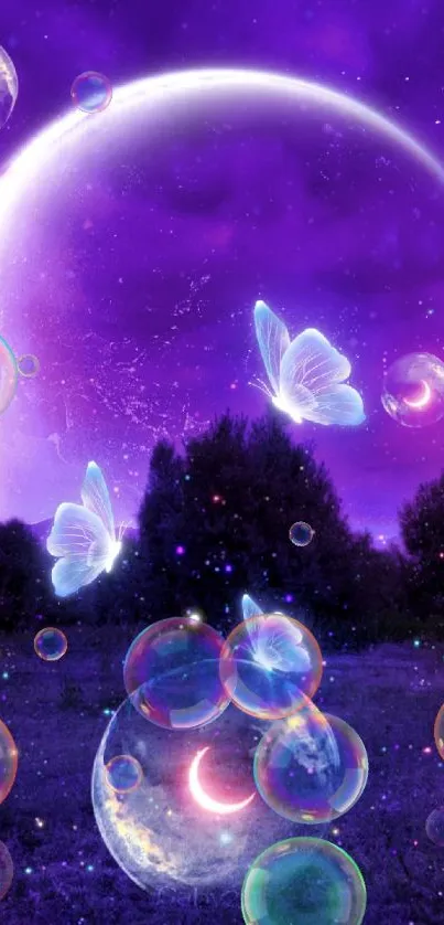 Enchanting purple nightscape with glowing butterflies and a crescent moon.