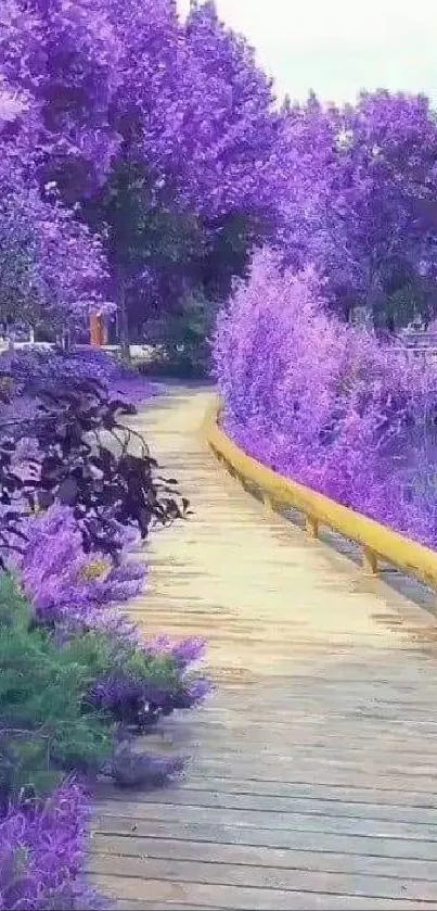 A vibrant purple pathway through lush trees in a serene outdoor setting.