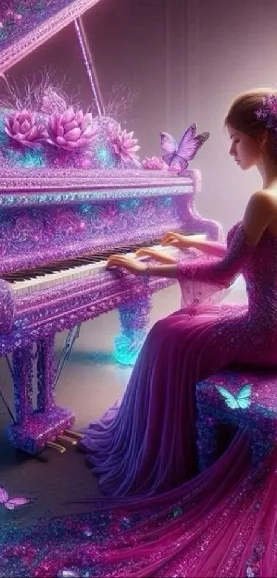 Woman in purple dress plays ornate piano with butterflies.