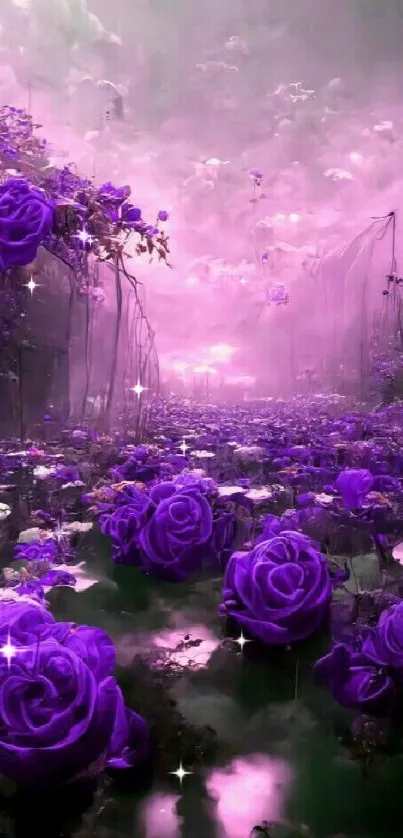 Purple rose garden with mystical fog.