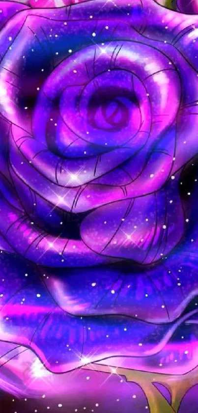 Vivid purple rose with glowing petals and cosmic background.