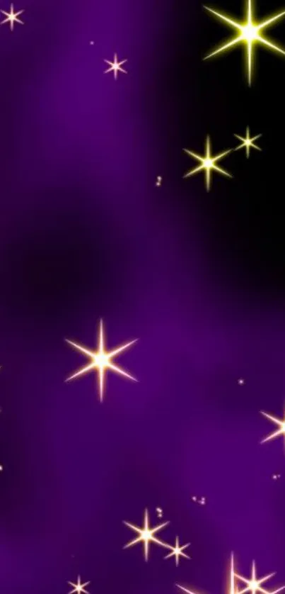 Purple starry night mobile wallpaper with bright yellow stars.