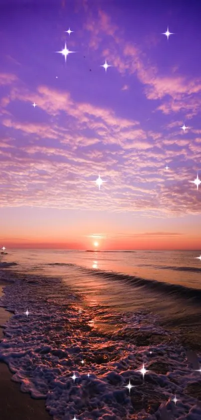 Purple sunset beach with twinkling stars.