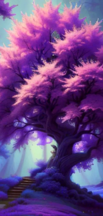 Purple tree in a mystical forest scene.