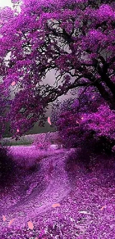 Mystical tree with vibrant purple foliage under a glowing moonlit sky.