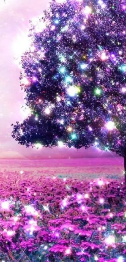 Magical landscape with a sparkling purple tree and starry night sky.