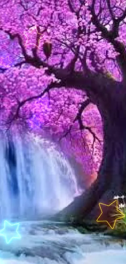 Enchanting purple tree with waterfall background.