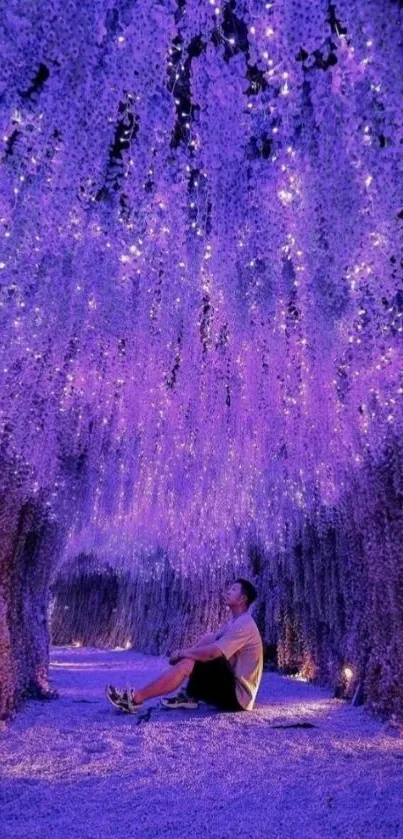 A serene tunnel of purple flowers with soft glowing lights.