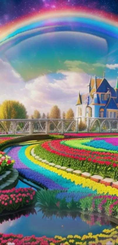 Whimsical castle and rainbow garden landscape wallpaper.