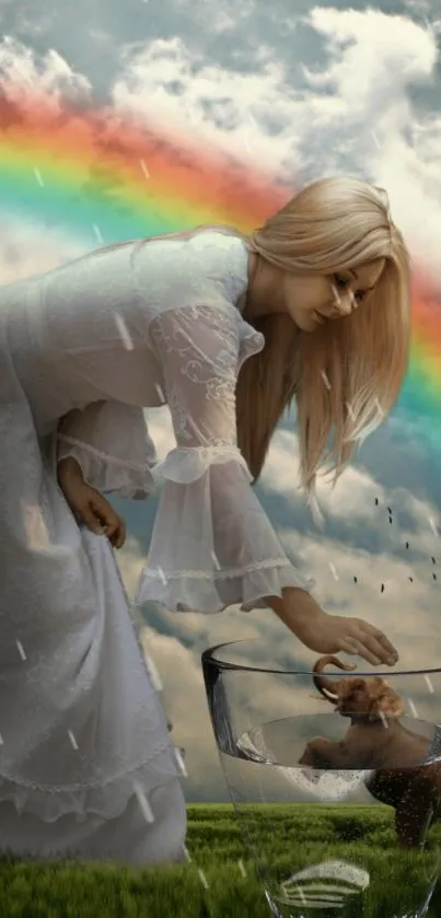 Fantasy scene with woman and rainbow under cloudy sky.