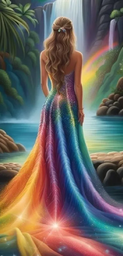 Woman in rainbow dress by waterfall, colorful art.