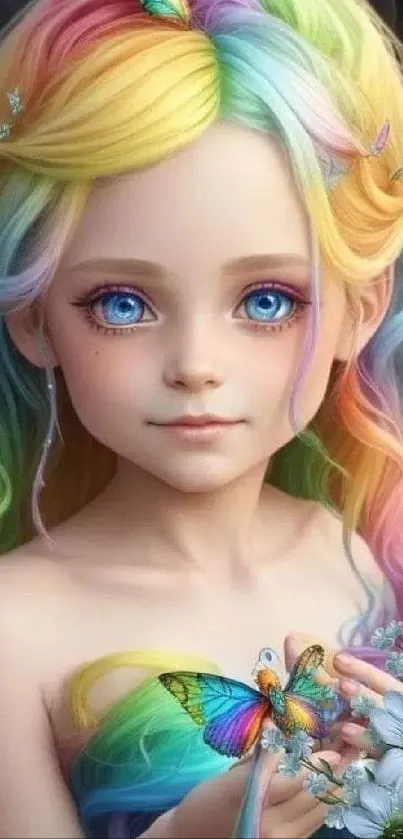 Rainbow-haired fairy with butterflies in fantasy artwork.