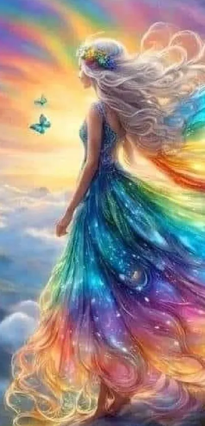 Rainbow fairy in a colorful dress with butterflies and clouds.