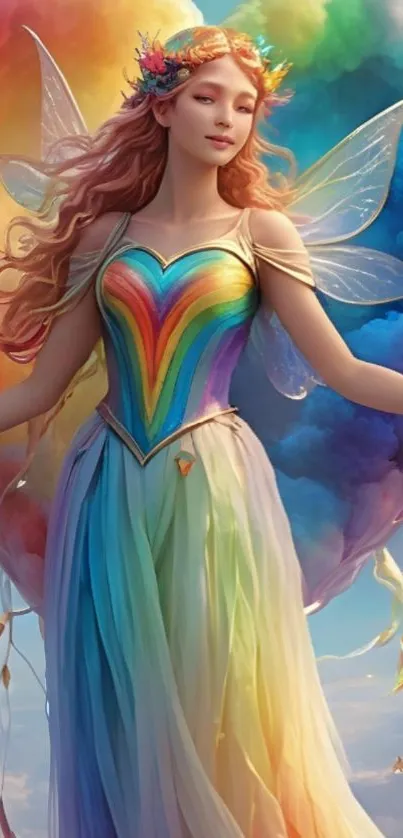 Magical fairy with rainbow dress and wings in a colorful sky.