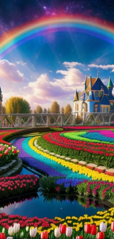 Enchanting landscape with castle, rainbow, and vibrant flowers.