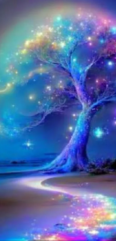 Magical tree with rainbow colors and stars on a serene night background.