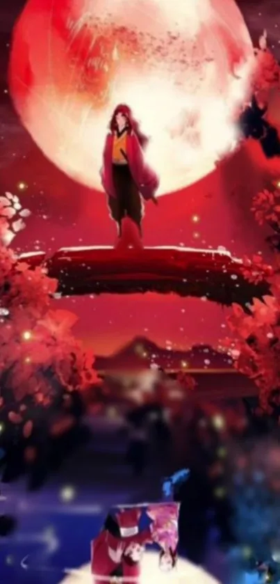 Enchanting red moonlit fantasy wallpaper with vibrant colors.