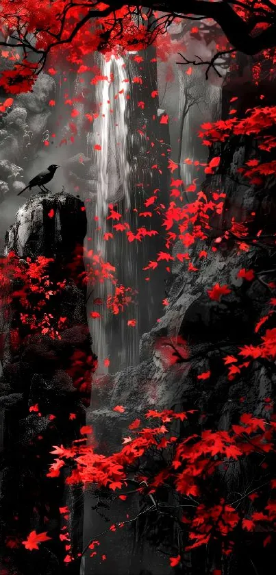 Enchanting red autumn scene with waterfall and vibrant foliage for mobile wallpaper.