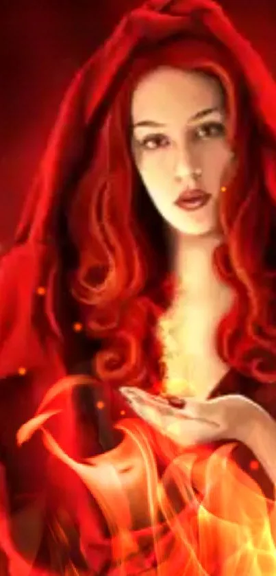 Mystical woman in red cloak with fiery elements on mobile wallpaper.