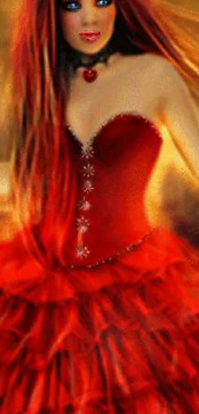 Fantasy art featuring woman in elegant red dress with flowing hair.