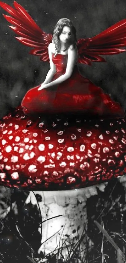 A red fairy with wings sits on a vibrant mushroom in a fantasy scene.