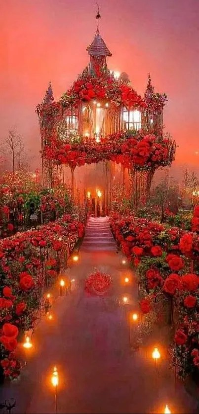 Red floral fantasy wallpaper with glowing path and illuminated pavilion.