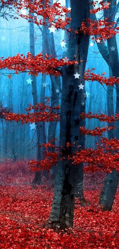 Forest with red leaves and blue mist creates a mystical atmosphere.