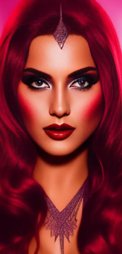 Glamorous woman with red hair and makeup in red-themed wallpaper.