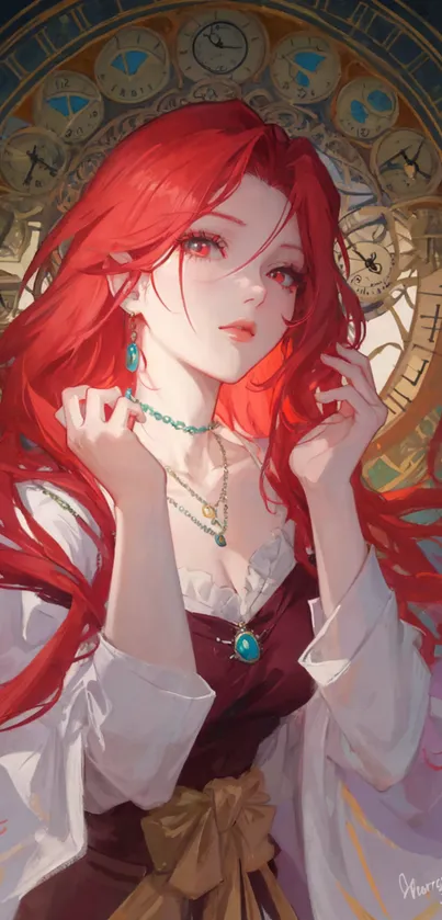 Red-haired anime character with a clock background, vibrant and elegant.